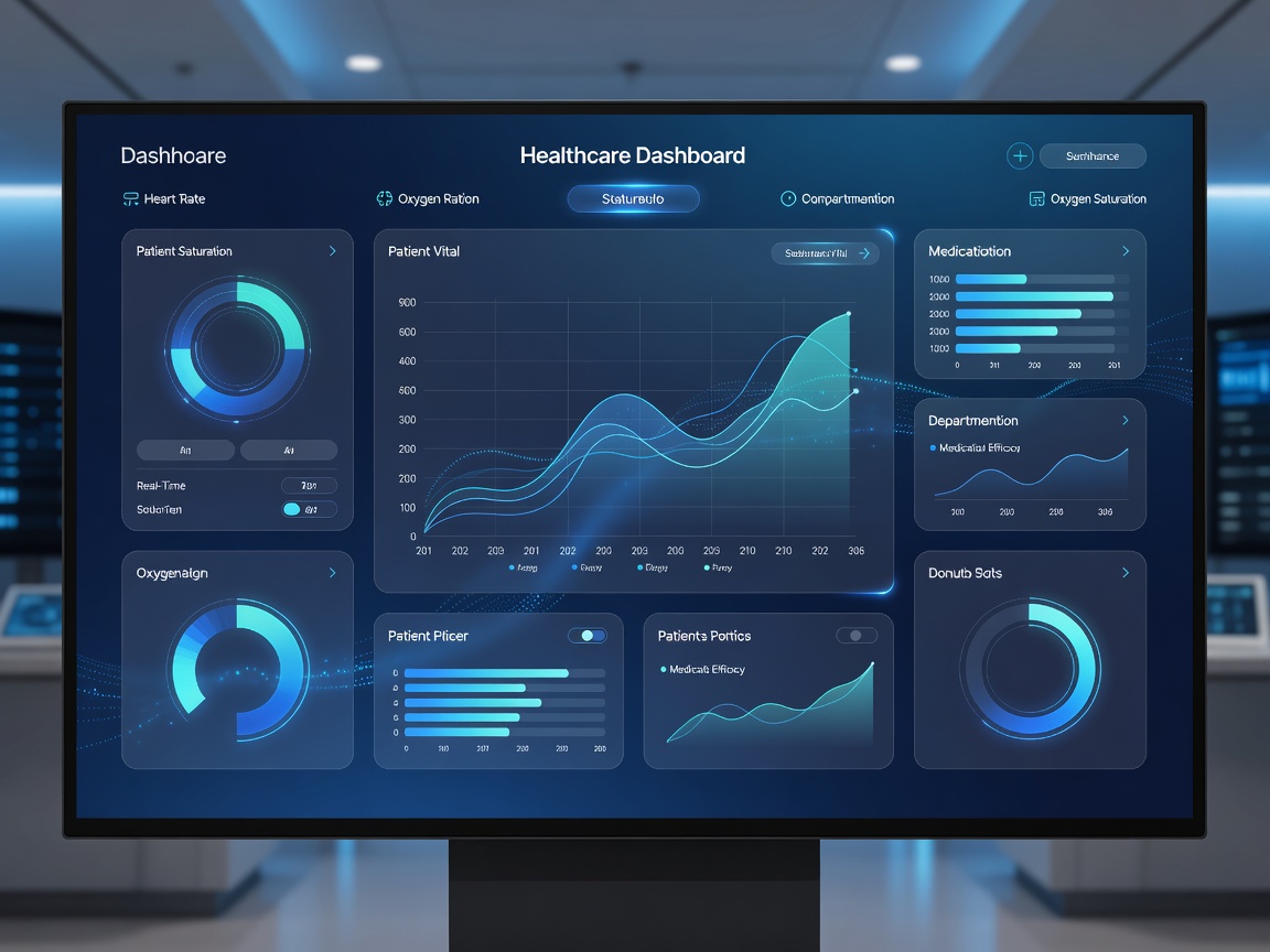 Premium digital healthcare dashboard displaying medical analytics and elegant blue lighting