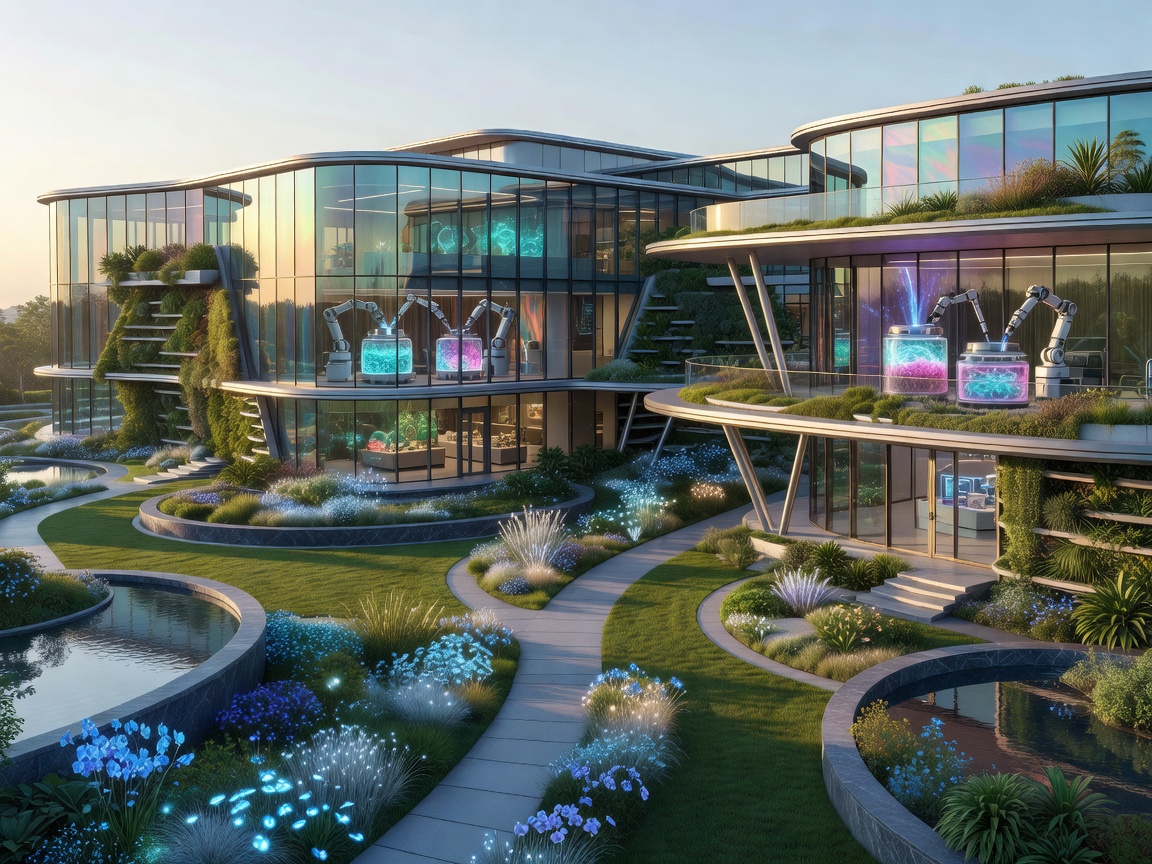 A futuristic medical innovation campus with glass architecture, biotechnology laboratories, landscaped gardens, and modern healthcare design.