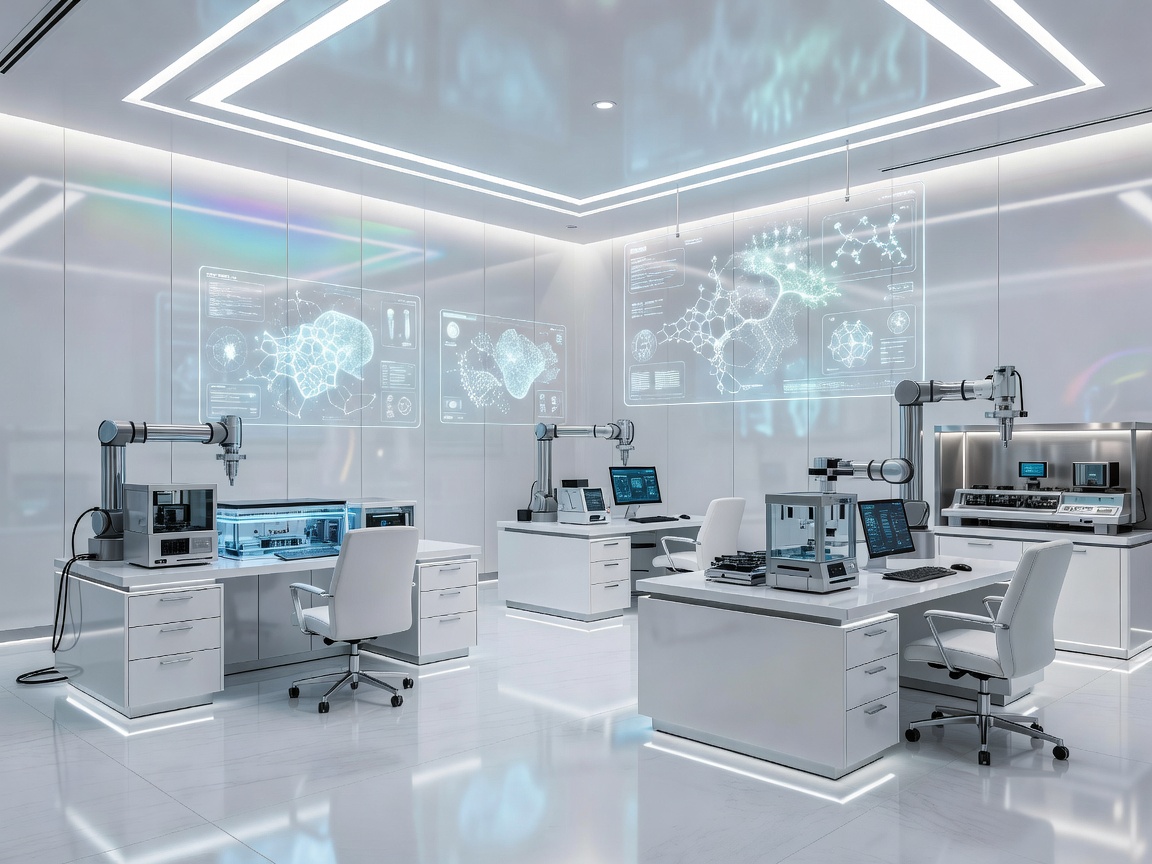 A luxury medical research laboratory with advanced equipment, holographic displays, white interiors, modern biotechnology workspaces, and futuristic design.